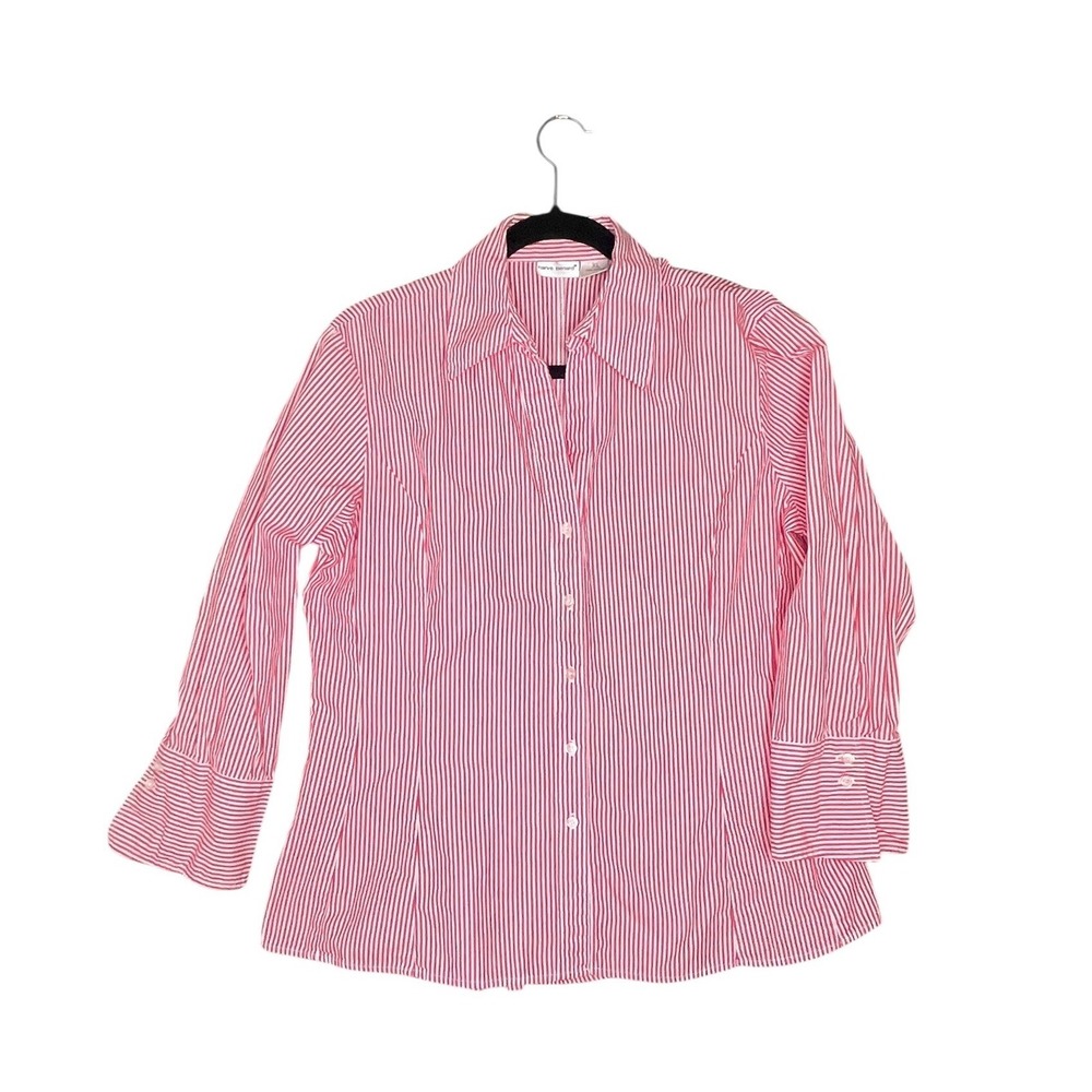 Harve Benard Women XL Red White Striped Shirt Cotton Preppy Timeless French Cuff